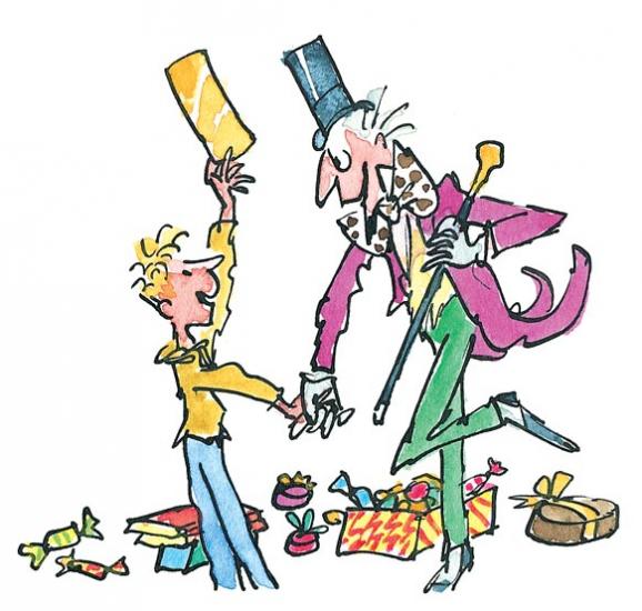 Illustrazione della fabbrica di cioccolato con Willy Wonka e Charlie