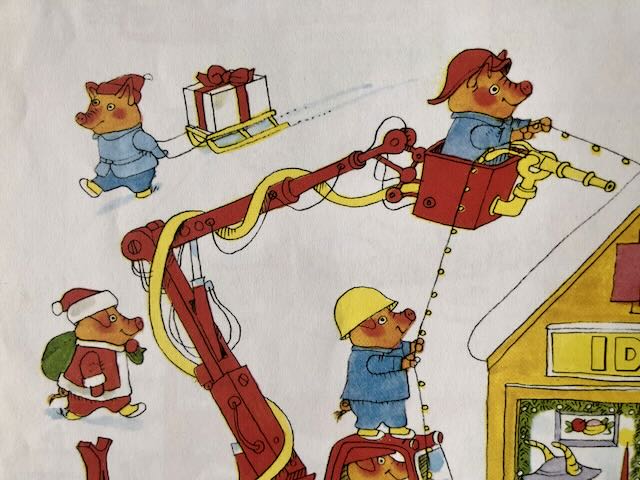 Dei pompieri attaccano le illuminare per Natale nel libro Caro Natale di Richard Scarry