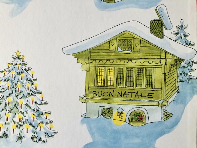 Una casa in legno in mezzo alla neve con sopra la scritta Buon Natale. Un disegno di Richard Scarry